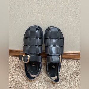 Zara Black Woven Sandals with Gold Buckle